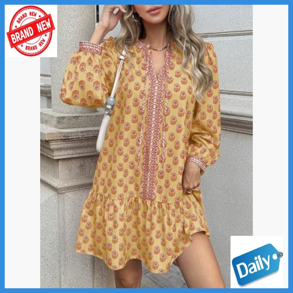 Long Sleeve Mini Dress with Pockets Floral V Neck Loose Fit Boho - Picture 2 of 7